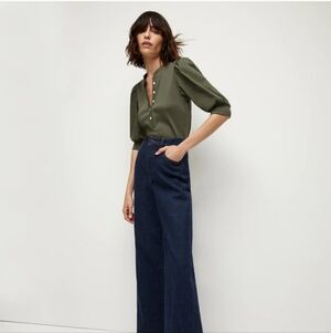 VERONICA BEARD Olive Green Coralee Puff Sleeve Tee mixed media Top Medium